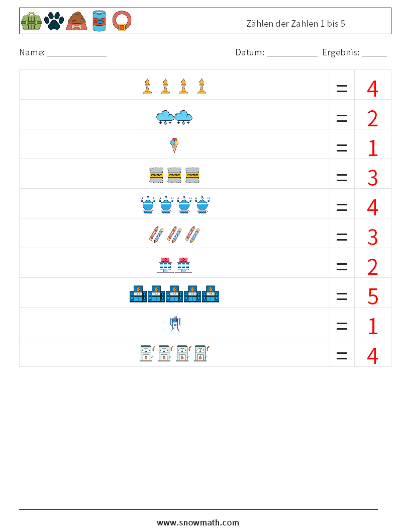 Zählen der Zahlen 1 bis 5 Mathe-Arbeitsblätter 12 Frage, Antwort