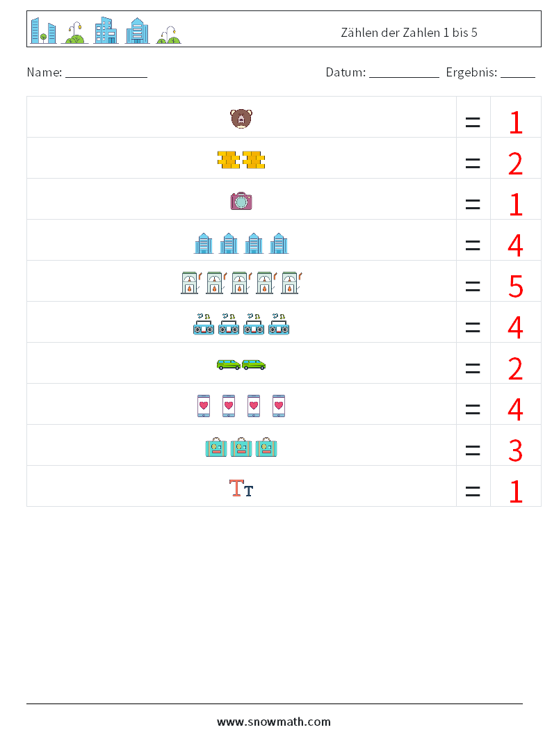 Zählen der Zahlen 1 bis 5 Mathe-Arbeitsblätter 14 Frage, Antwort