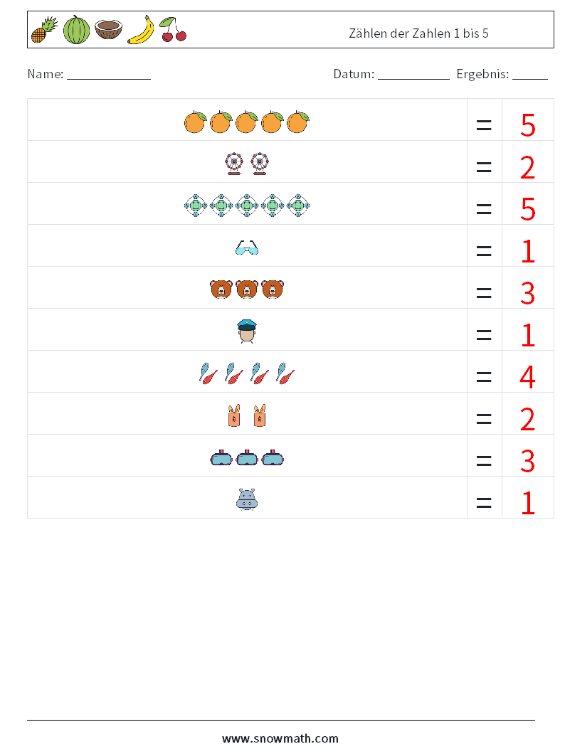 Zählen der Zahlen 1 bis 5 Mathe-Arbeitsblätter 16 Frage, Antwort