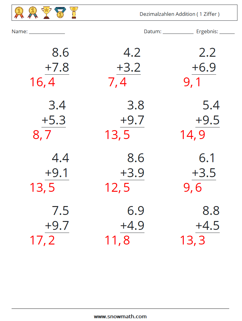 (12) Dezimalzahlen Addition ( 1 Ziffer ) Mathe-Arbeitsblätter 10 Frage, Antwort