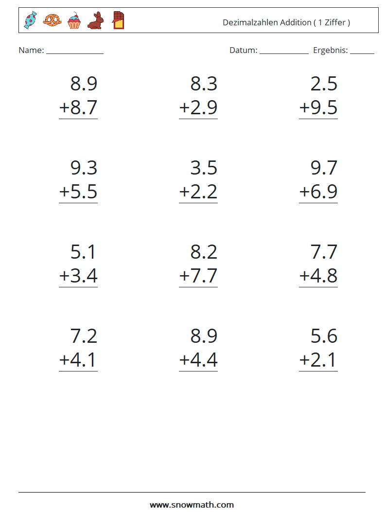 (12) Dezimalzahlen Addition ( 1 Ziffer ) Mathe-Arbeitsblätter 12