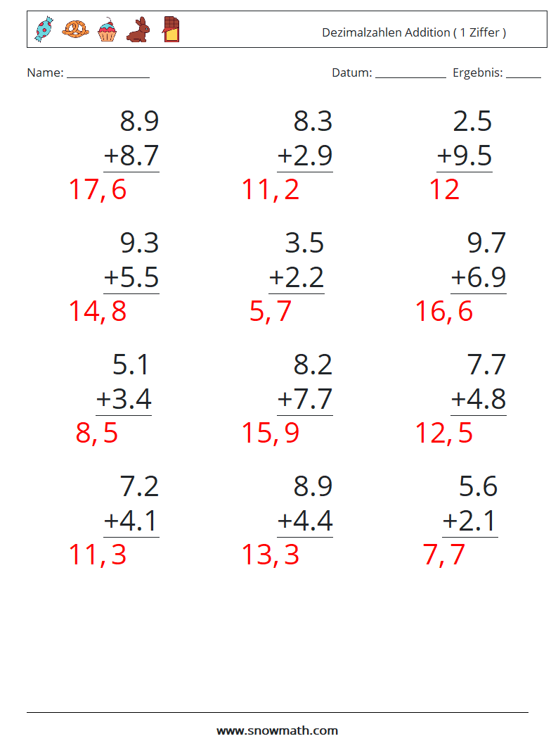 (12) Dezimalzahlen Addition ( 1 Ziffer ) Mathe-Arbeitsblätter 12 Frage, Antwort