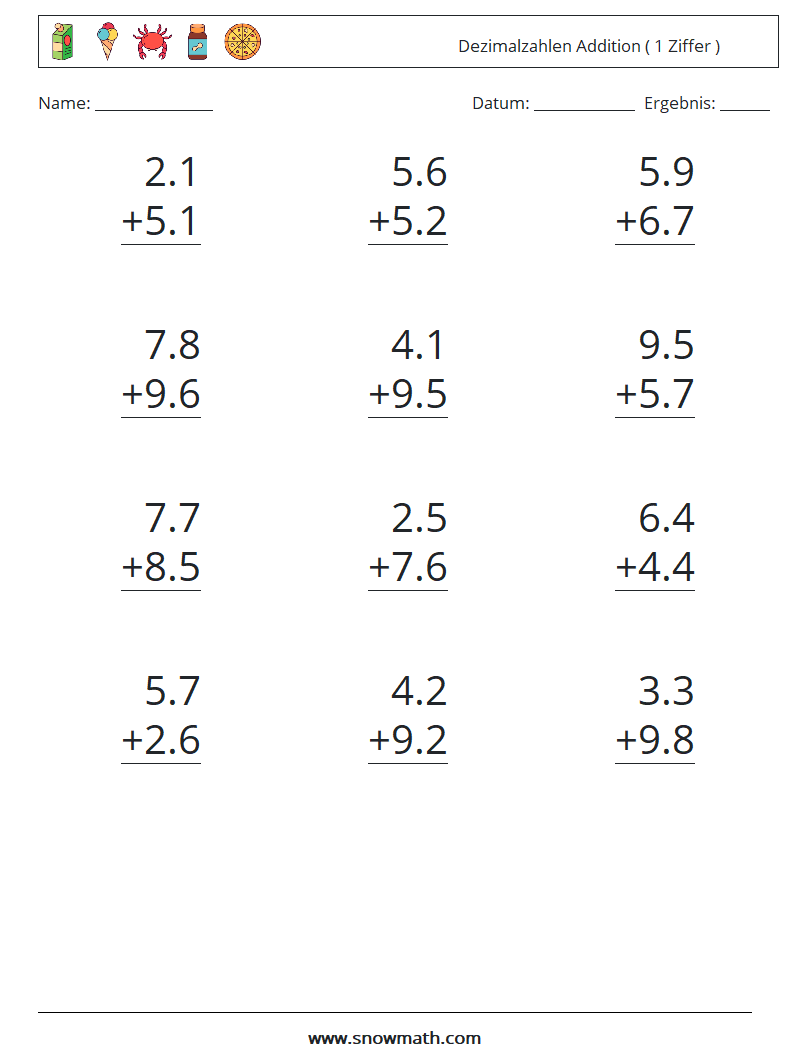 (12) Dezimalzahlen Addition ( 1 Ziffer ) Mathe-Arbeitsblätter 13