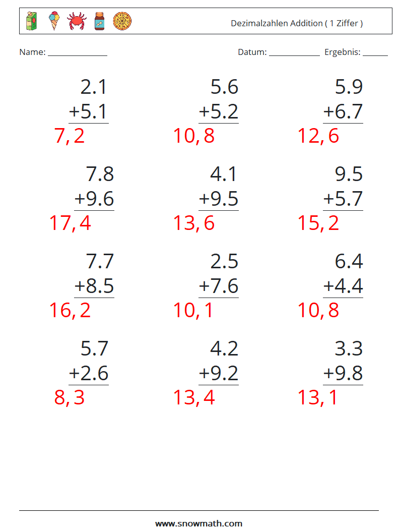 (12) Dezimalzahlen Addition ( 1 Ziffer ) Mathe-Arbeitsblätter 13 Frage, Antwort