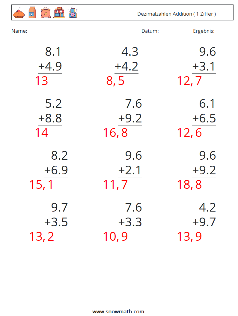 (12) Dezimalzahlen Addition ( 1 Ziffer ) Mathe-Arbeitsblätter 16 Frage, Antwort