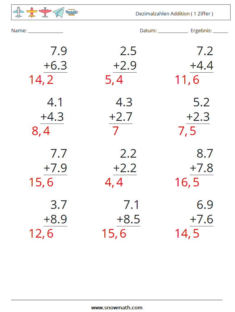 (12) Dezimalzahlen Addition ( 1 Ziffer ) Mathe-Arbeitsblätter 17 Frage, Antwort