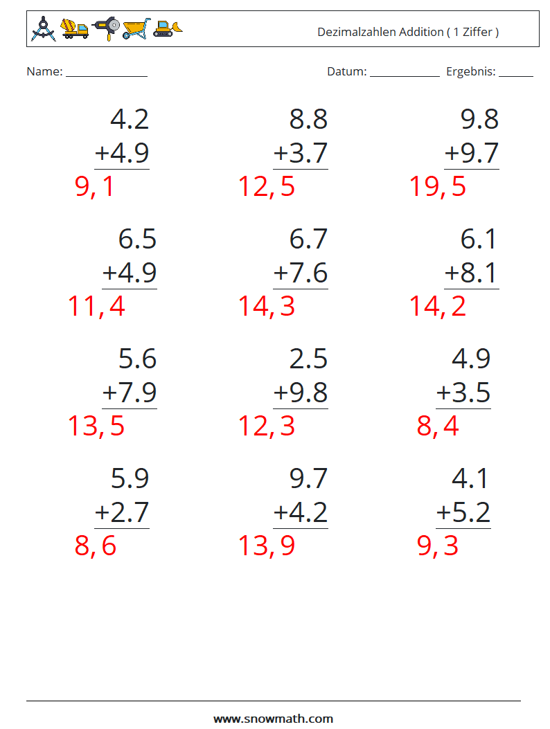 (12) Dezimalzahlen Addition ( 1 Ziffer ) Mathe-Arbeitsblätter 3 Frage, Antwort