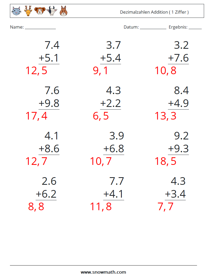 (12) Dezimalzahlen Addition ( 1 Ziffer ) Mathe-Arbeitsblätter 4 Frage, Antwort