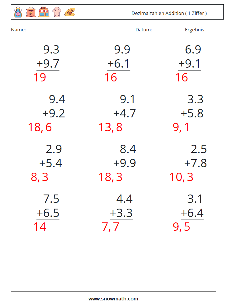 (12) Dezimalzahlen Addition ( 1 Ziffer ) Mathe-Arbeitsblätter 7 Frage, Antwort