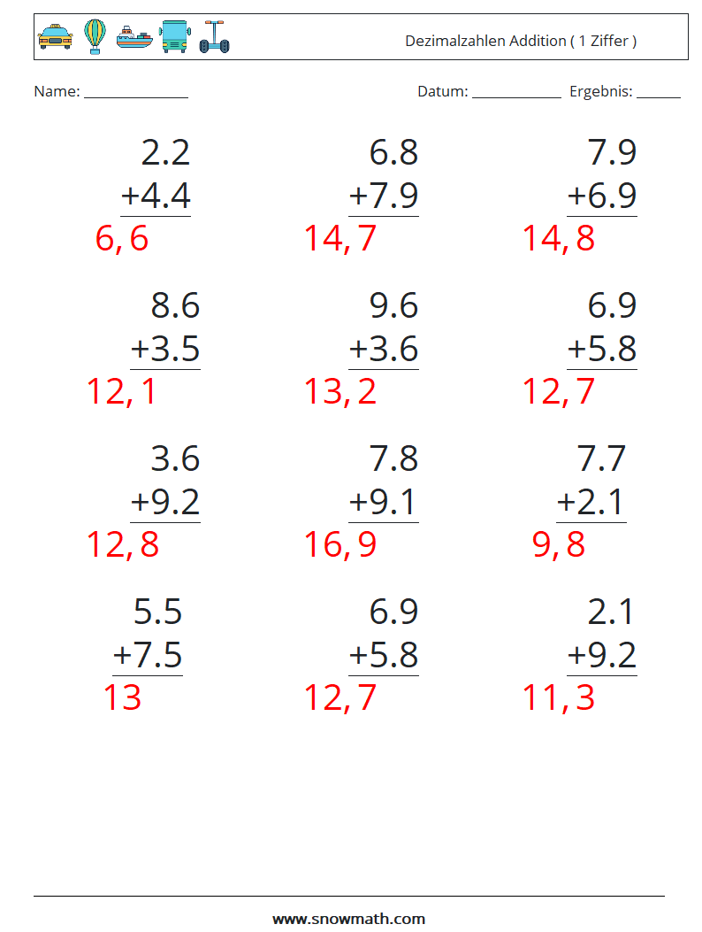 (12) Dezimalzahlen Addition ( 1 Ziffer ) Mathe-Arbeitsblätter 8 Frage, Antwort