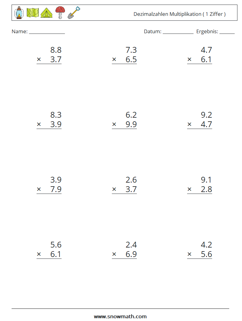 (12) Dezimalzahlen Multiplikation ( 1 Ziffer ) Mathe-Arbeitsblätter 10