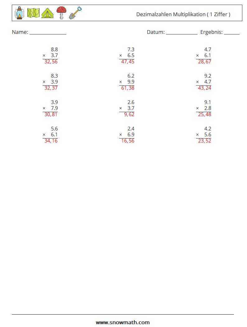 (12) Dezimalzahlen Multiplikation ( 1 Ziffer ) Mathe-Arbeitsblätter 10 Frage, Antwort