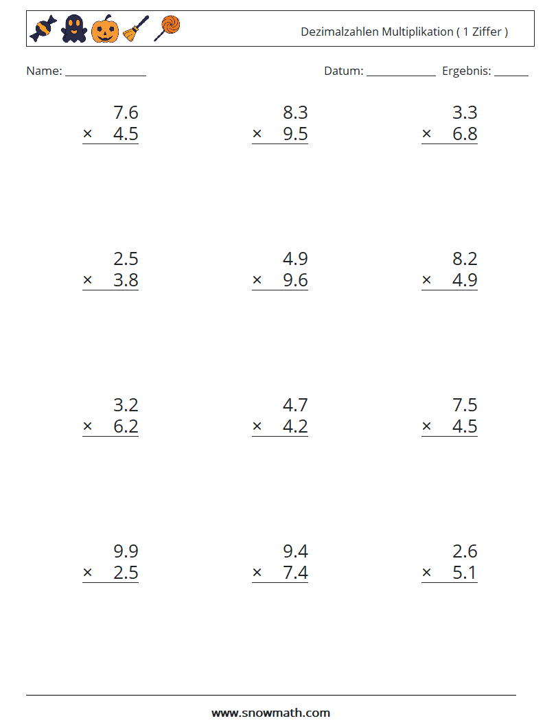 (12) Dezimalzahlen Multiplikation ( 1 Ziffer ) Mathe-Arbeitsblätter 11