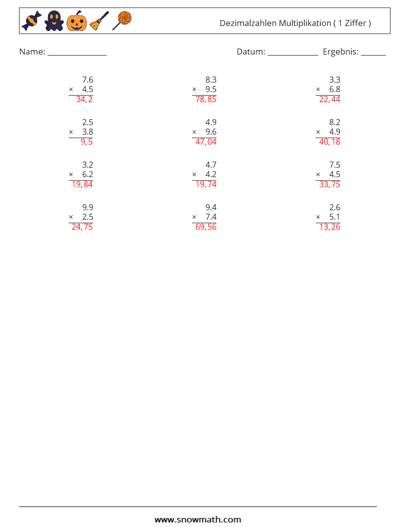 (12) Dezimalzahlen Multiplikation ( 1 Ziffer ) Mathe-Arbeitsblätter 11 Frage, Antwort