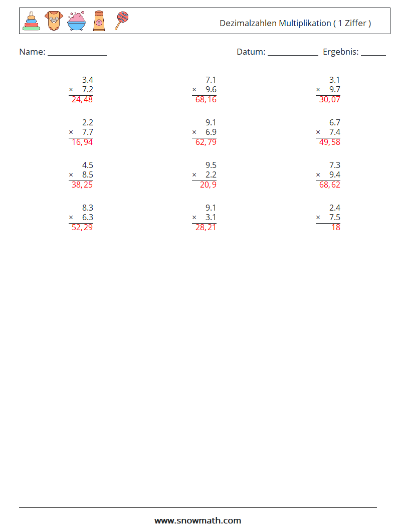 (12) Dezimalzahlen Multiplikation ( 1 Ziffer ) Mathe-Arbeitsblätter 13 Frage, Antwort