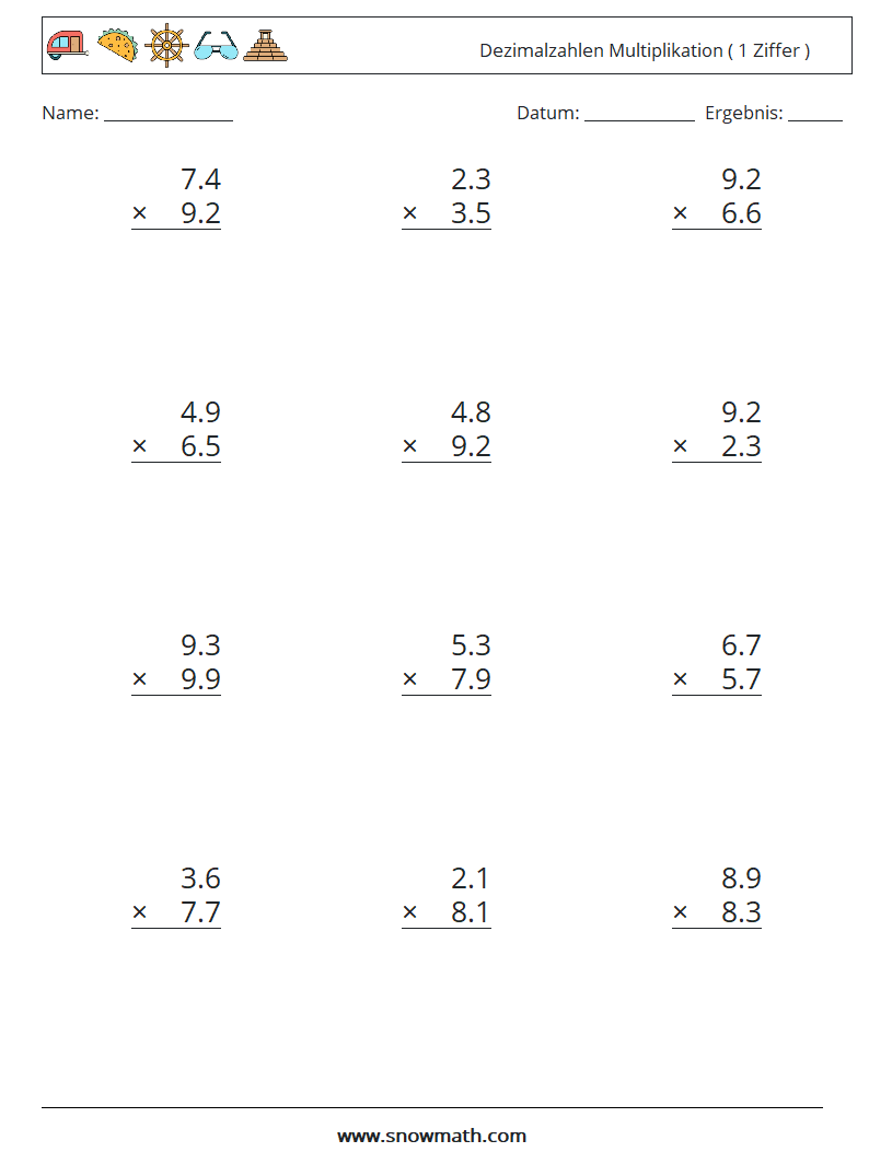(12) Dezimalzahlen Multiplikation ( 1 Ziffer ) Mathe-Arbeitsblätter 14