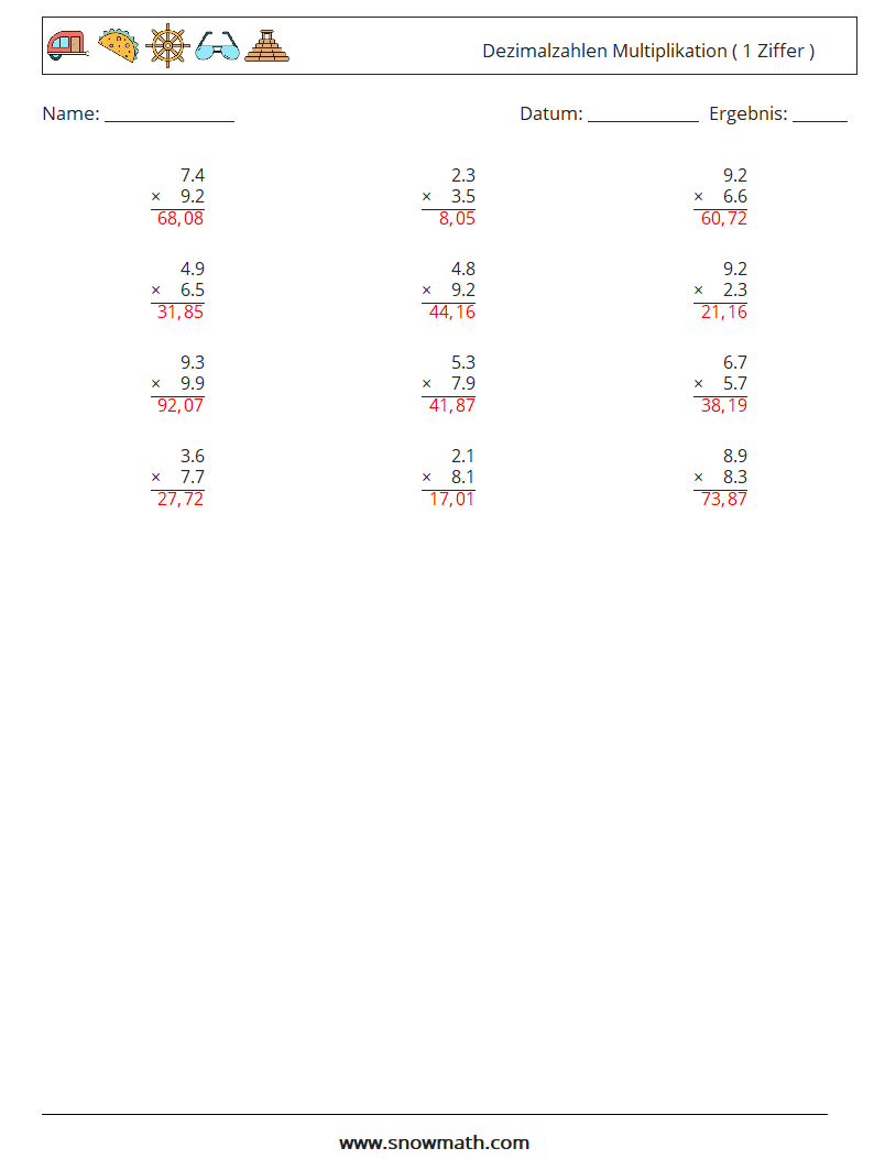 (12) Dezimalzahlen Multiplikation ( 1 Ziffer ) Mathe-Arbeitsblätter 14 Frage, Antwort
