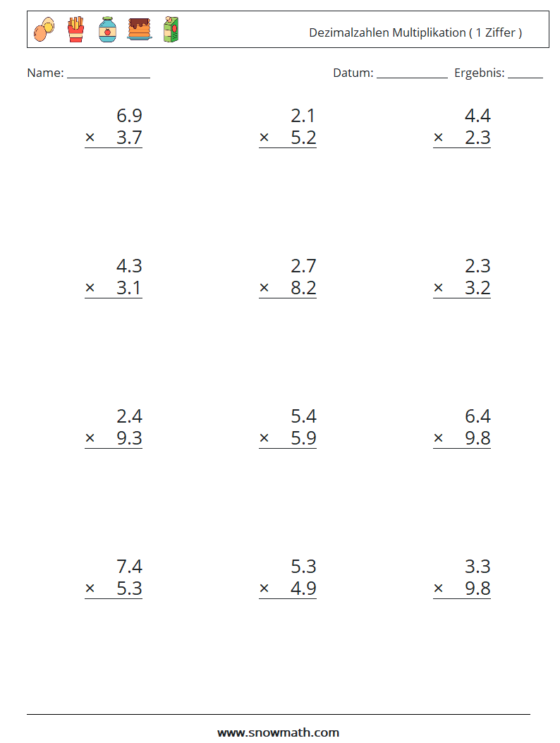 (12) Dezimalzahlen Multiplikation ( 1 Ziffer ) Mathe-Arbeitsblätter 15