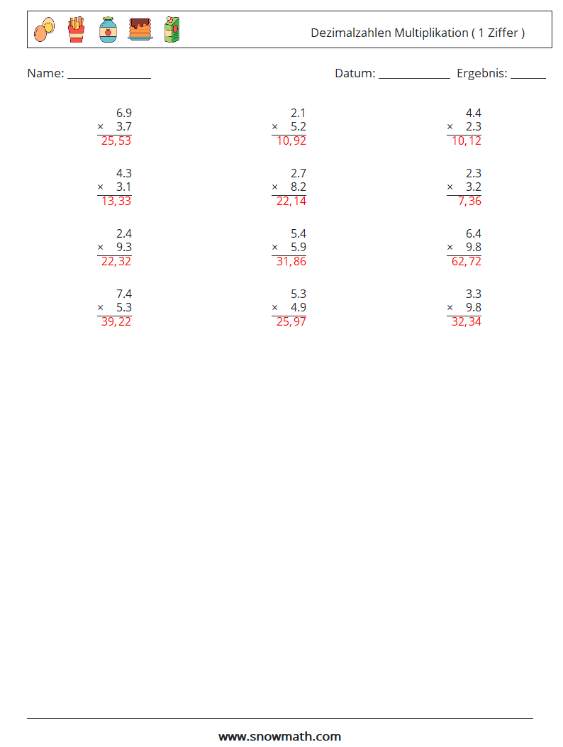(12) Dezimalzahlen Multiplikation ( 1 Ziffer ) Mathe-Arbeitsblätter 15 Frage, Antwort