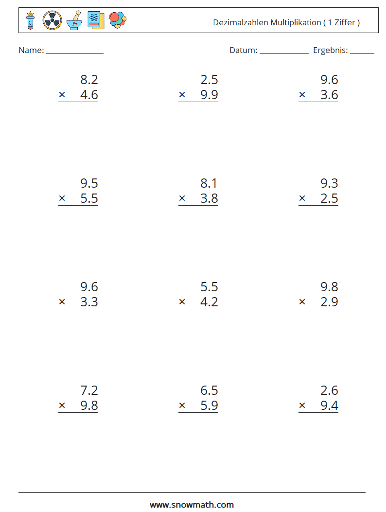 (12) Dezimalzahlen Multiplikation ( 1 Ziffer ) Mathe-Arbeitsblätter 16