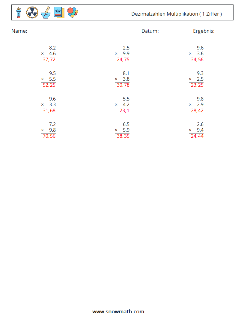 (12) Dezimalzahlen Multiplikation ( 1 Ziffer ) Mathe-Arbeitsblätter 16 Frage, Antwort
