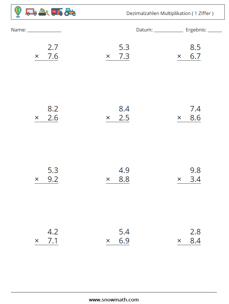 (12) Dezimalzahlen Multiplikation ( 1 Ziffer ) Mathe-Arbeitsblätter 17