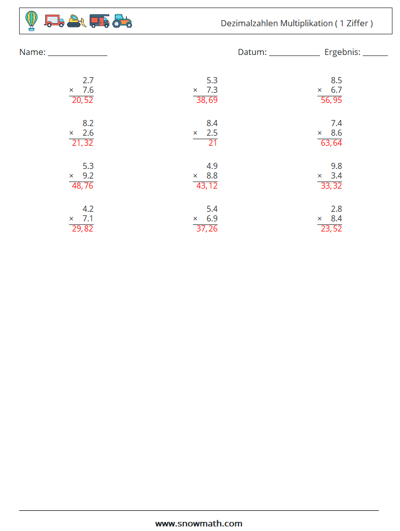 (12) Dezimalzahlen Multiplikation ( 1 Ziffer ) Mathe-Arbeitsblätter 17 Frage, Antwort