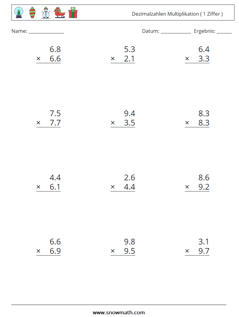 (12) Dezimalzahlen Multiplikation ( 1 Ziffer ) Mathe-Arbeitsblätter 18