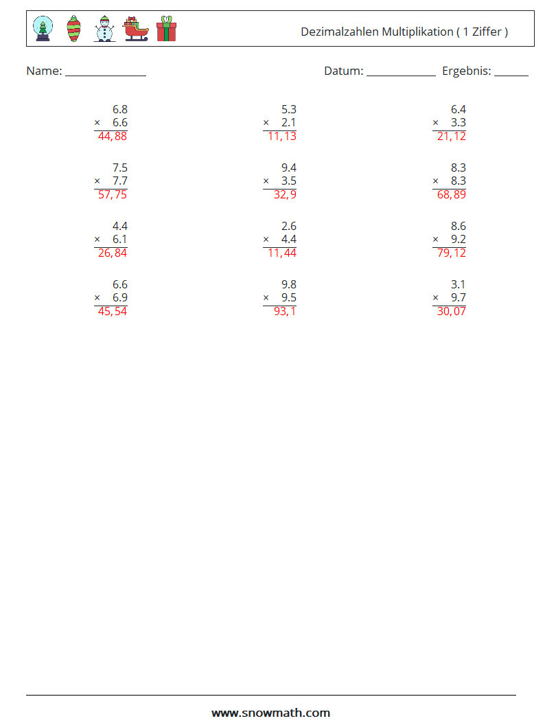 (12) Dezimalzahlen Multiplikation ( 1 Ziffer ) Mathe-Arbeitsblätter 18 Frage, Antwort