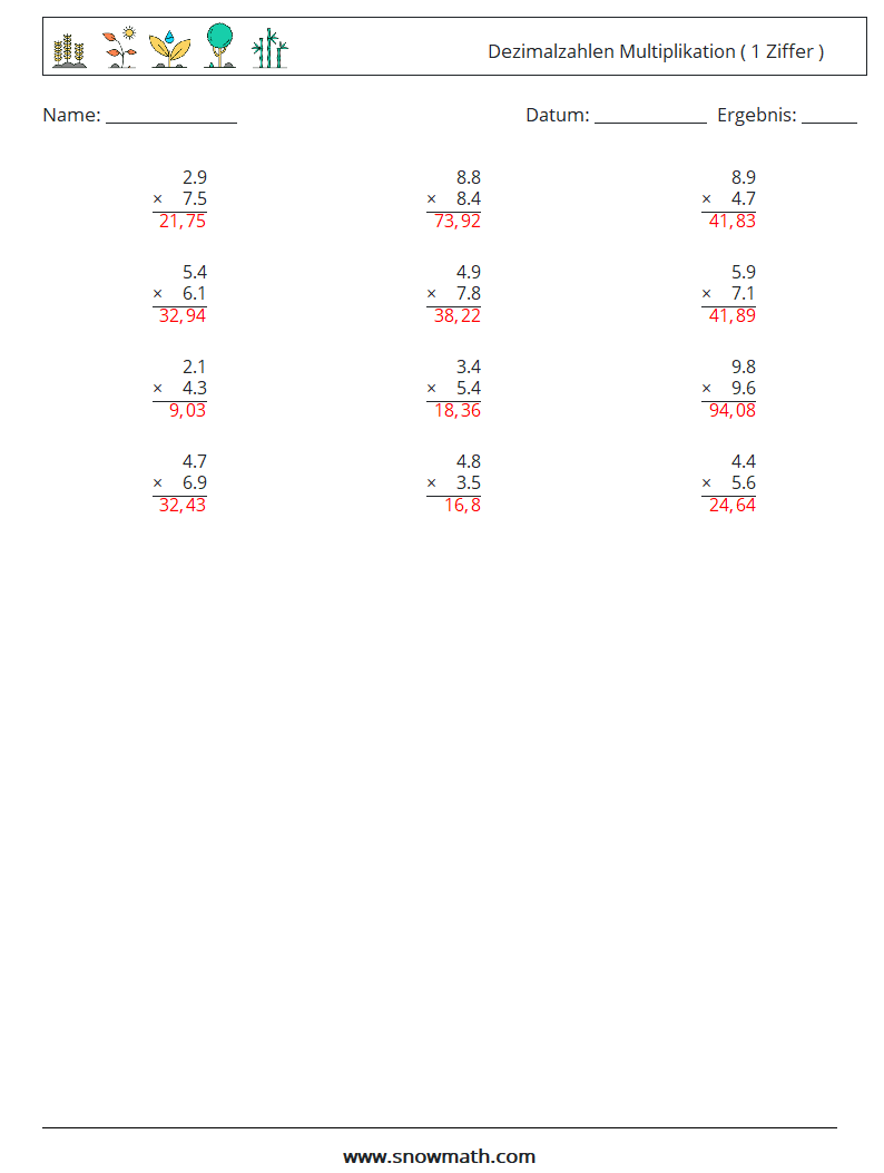 (12) Dezimalzahlen Multiplikation ( 1 Ziffer ) Mathe-Arbeitsblätter 1 Frage, Antwort