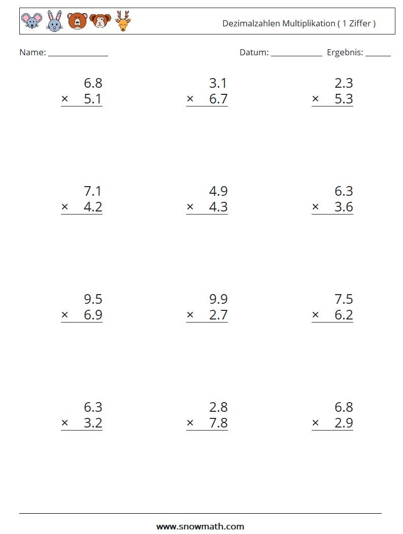 (12) Dezimalzahlen Multiplikation ( 1 Ziffer ) Mathe-Arbeitsblätter 2