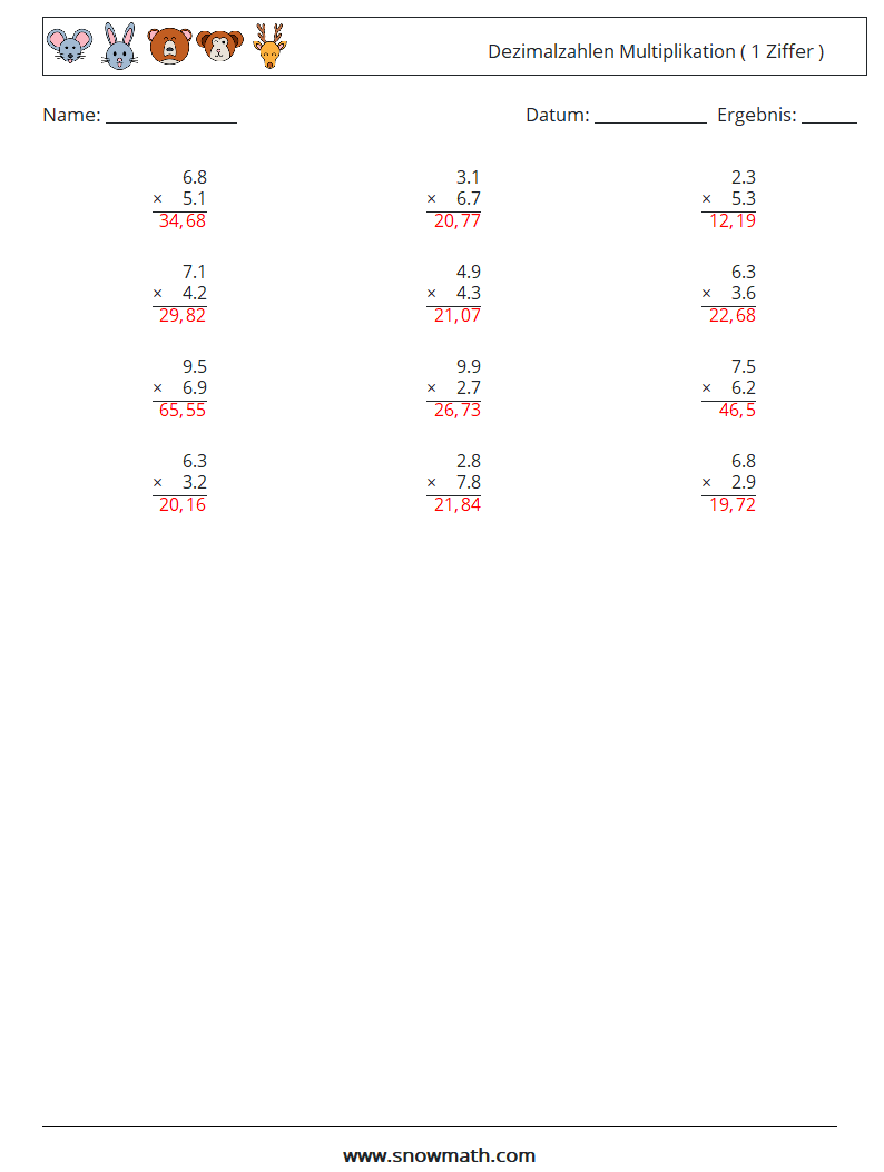 (12) Dezimalzahlen Multiplikation ( 1 Ziffer ) Mathe-Arbeitsblätter 2 Frage, Antwort