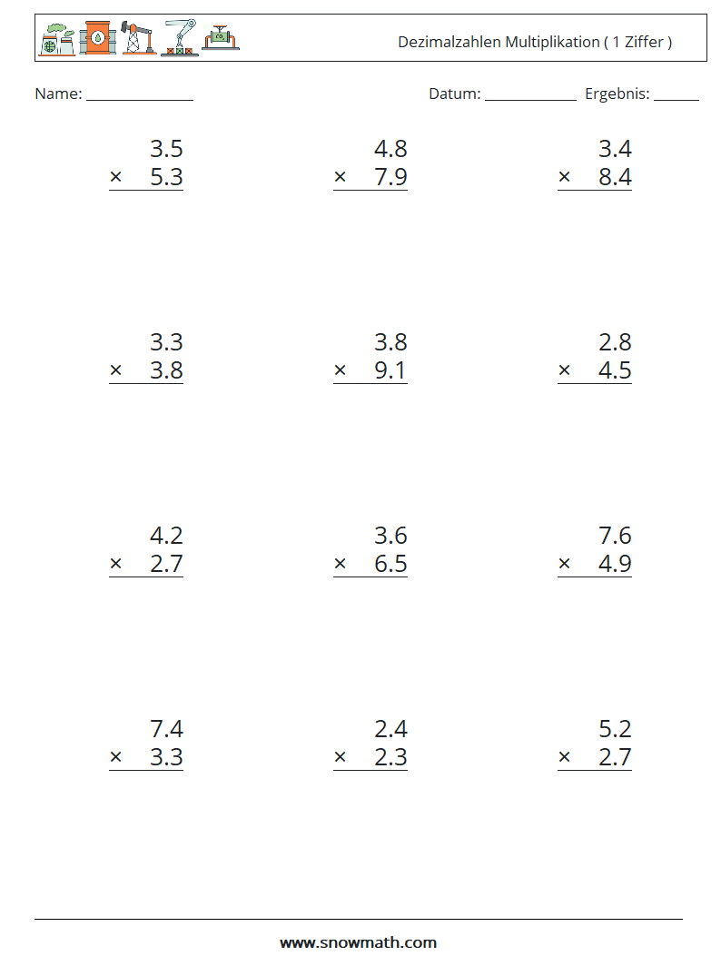 (12) Dezimalzahlen Multiplikation ( 1 Ziffer ) Mathe-Arbeitsblätter 3