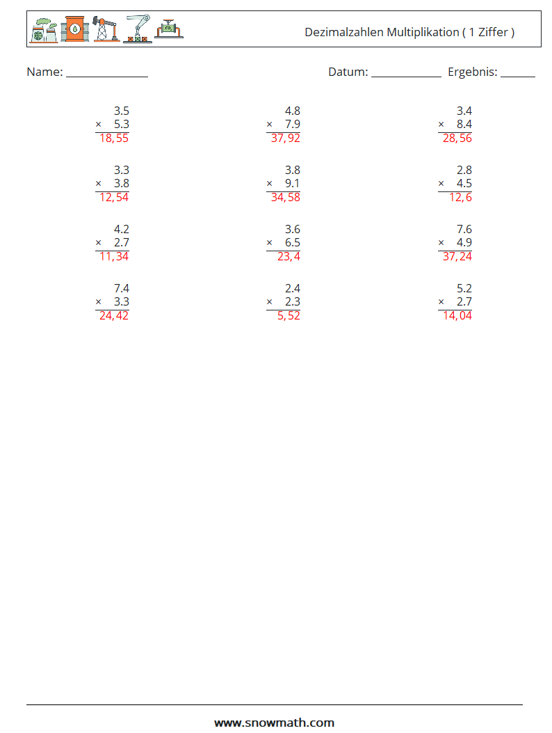 (12) Dezimalzahlen Multiplikation ( 1 Ziffer ) Mathe-Arbeitsblätter 3 Frage, Antwort