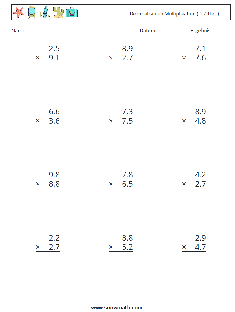 (12) Dezimalzahlen Multiplikation ( 1 Ziffer ) Mathe-Arbeitsblätter 4