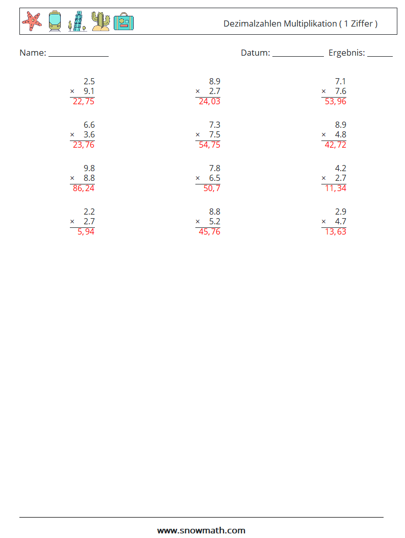 (12) Dezimalzahlen Multiplikation ( 1 Ziffer ) Mathe-Arbeitsblätter 4 Frage, Antwort