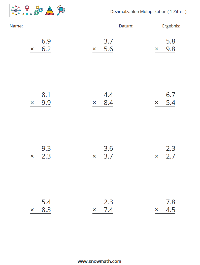 (12) Dezimalzahlen Multiplikation ( 1 Ziffer ) Mathe-Arbeitsblätter 5