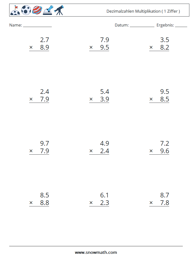 (12) Dezimalzahlen Multiplikation ( 1 Ziffer ) Mathe-Arbeitsblätter 6