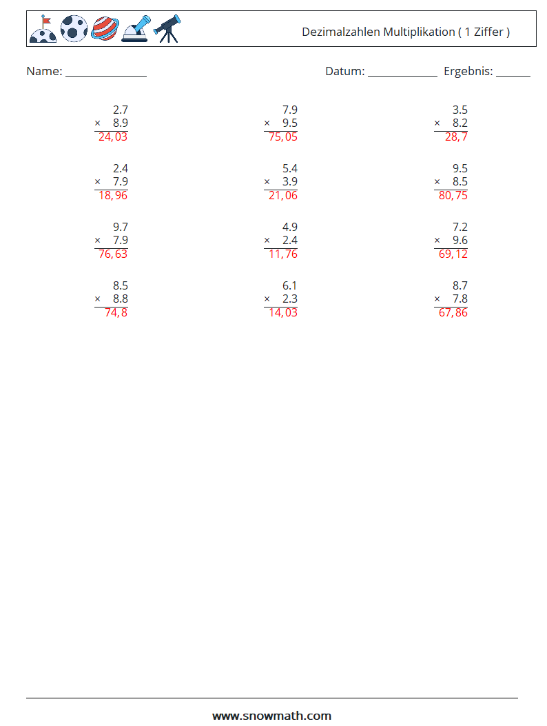 (12) Dezimalzahlen Multiplikation ( 1 Ziffer ) Mathe-Arbeitsblätter 6 Frage, Antwort