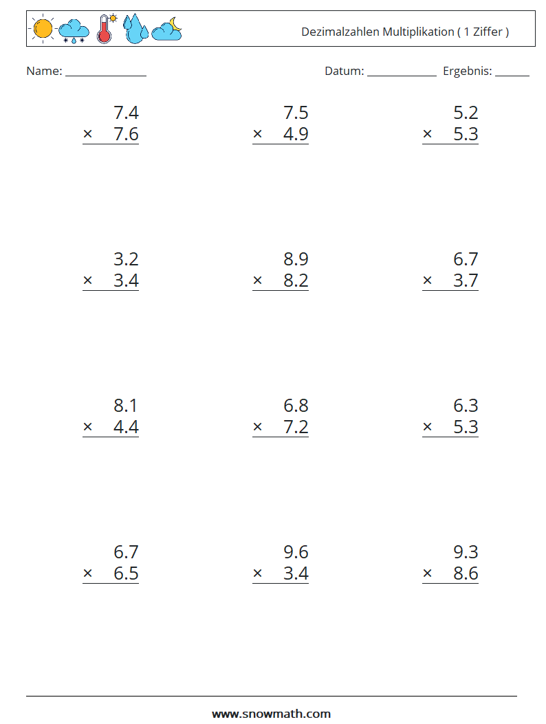 (12) Dezimalzahlen Multiplikation ( 1 Ziffer ) Mathe-Arbeitsblätter 7