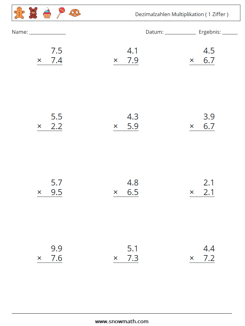 (12) Dezimalzahlen Multiplikation ( 1 Ziffer ) Mathe-Arbeitsblätter 8