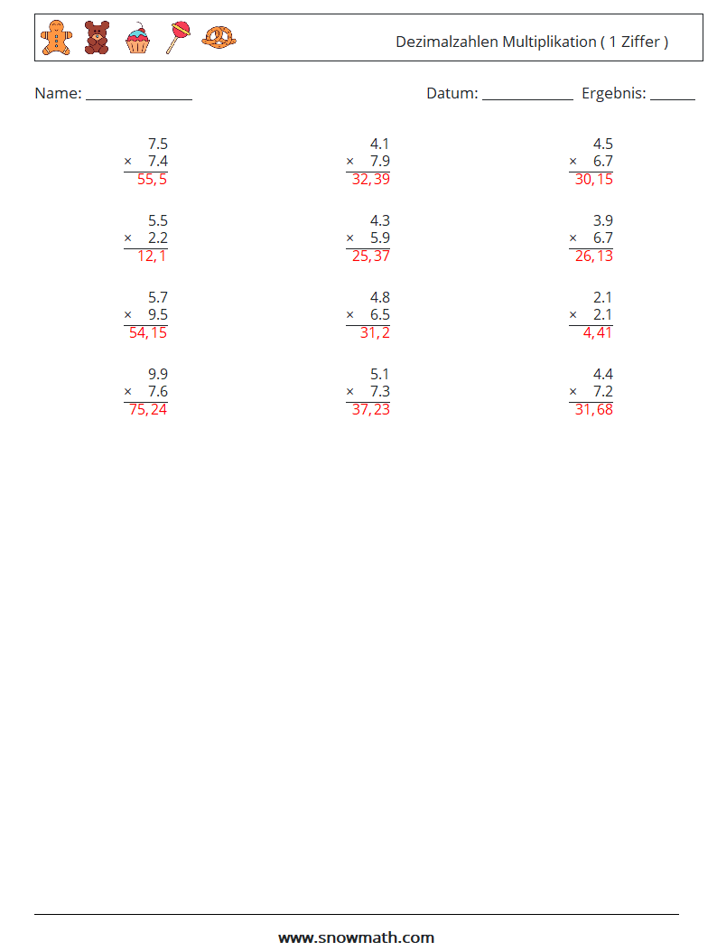(12) Dezimalzahlen Multiplikation ( 1 Ziffer ) Mathe-Arbeitsblätter 8 Frage, Antwort