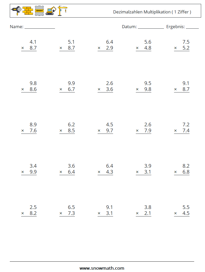 (25) Dezimalzahlen Multiplikation ( 1 Ziffer ) Mathe-Arbeitsblätter 10