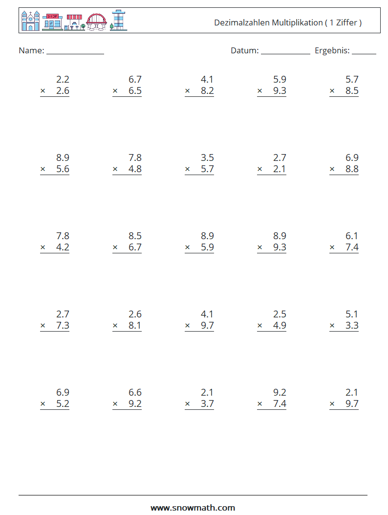 (25) Dezimalzahlen Multiplikation ( 1 Ziffer ) Mathe-Arbeitsblätter 11