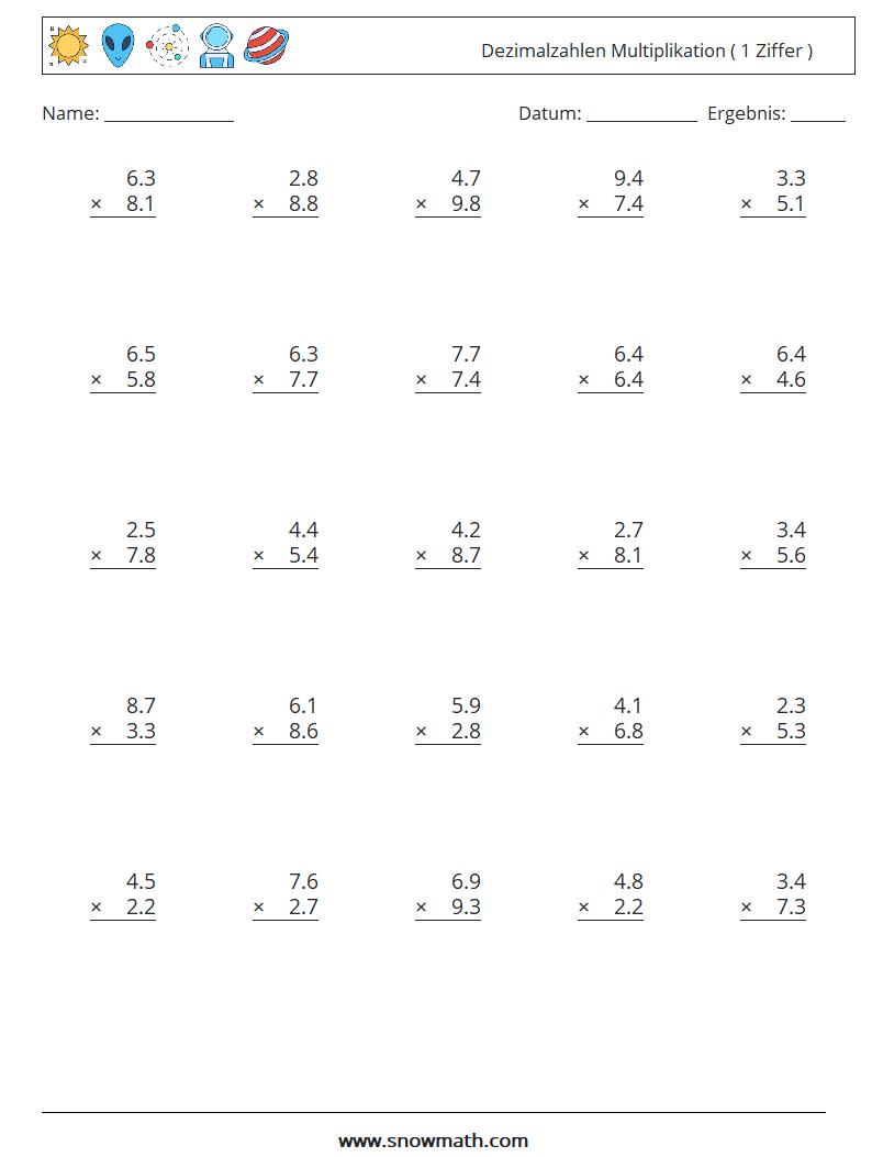 (25) Dezimalzahlen Multiplikation ( 1 Ziffer ) Mathe-Arbeitsblätter 12