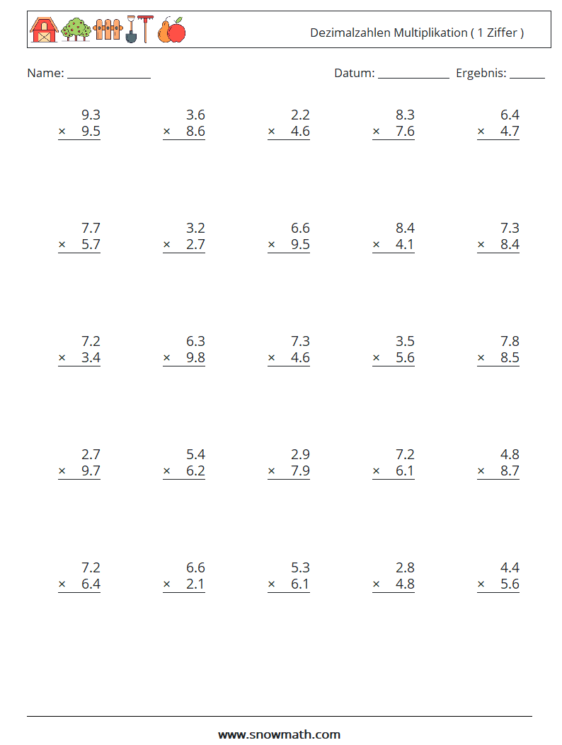 (25) Dezimalzahlen Multiplikation ( 1 Ziffer ) Mathe-Arbeitsblätter 13