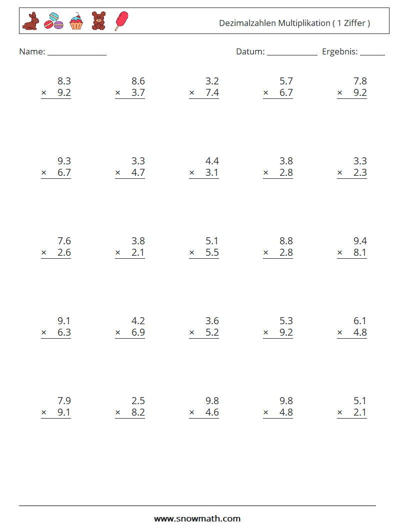 (25) Dezimalzahlen Multiplikation ( 1 Ziffer ) Mathe-Arbeitsblätter 14
