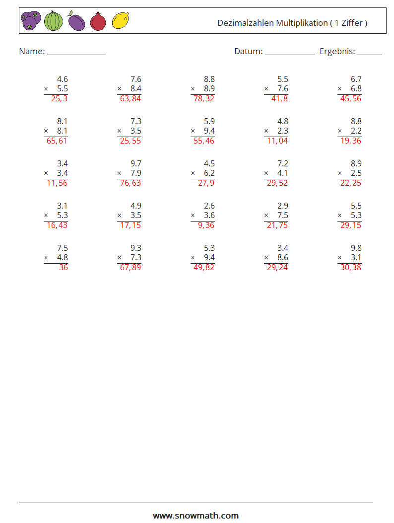(25) Dezimalzahlen Multiplikation ( 1 Ziffer ) Mathe-Arbeitsblätter 17 Frage, Antwort