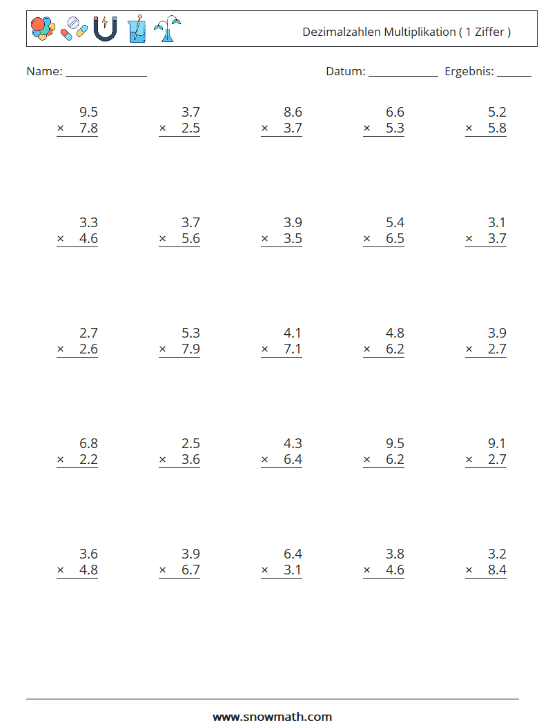 (25) Dezimalzahlen Multiplikation ( 1 Ziffer ) Mathe-Arbeitsblätter 18