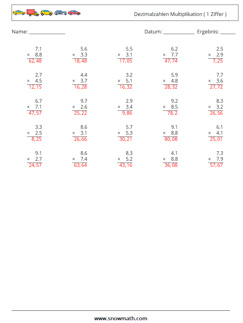 (25) Dezimalzahlen Multiplikation ( 1 Ziffer ) Mathe-Arbeitsblätter 1 Frage, Antwort